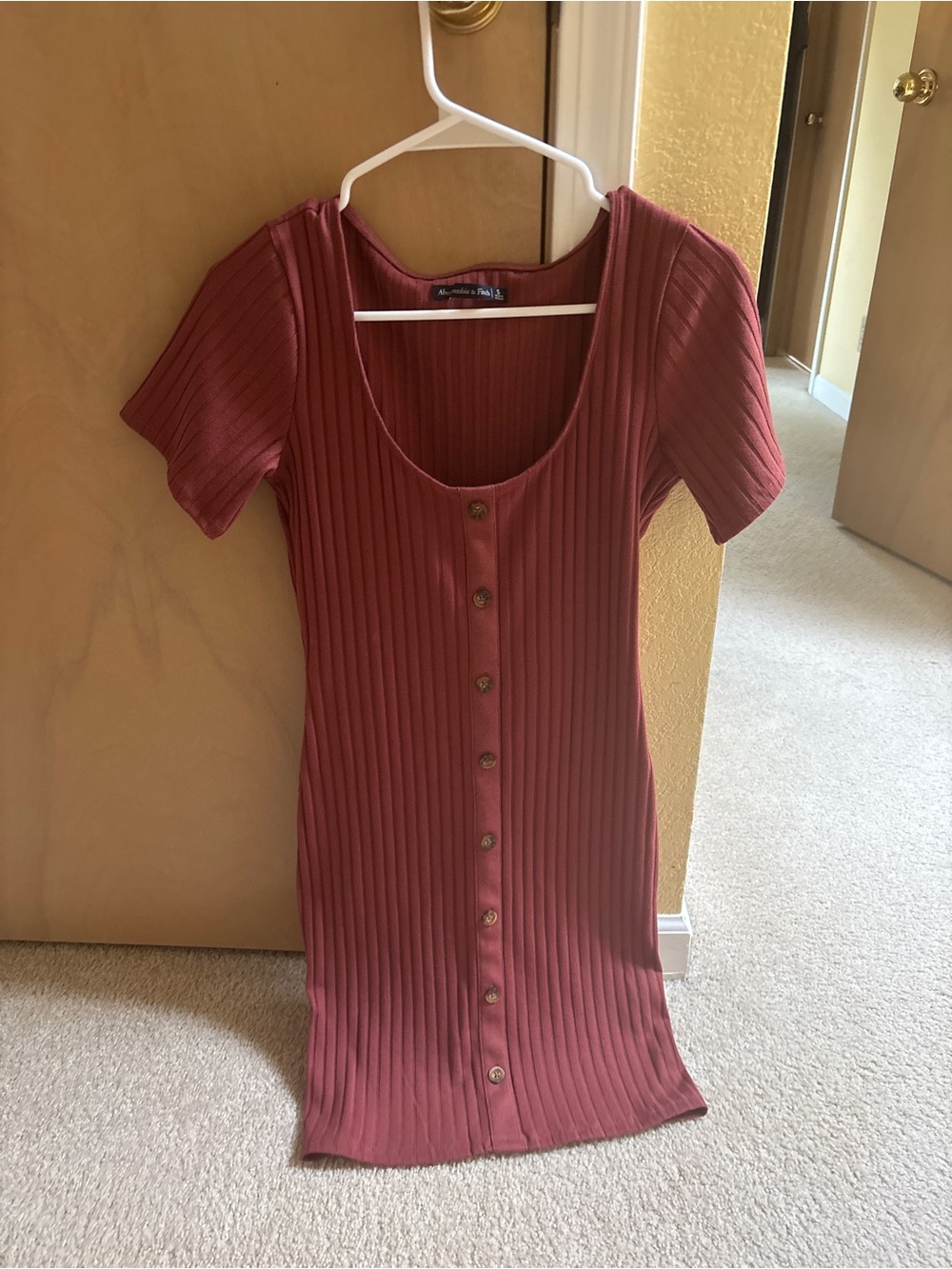 Abercrombie & Fitch Ribbed Button-Front Dress in Dusty Rose